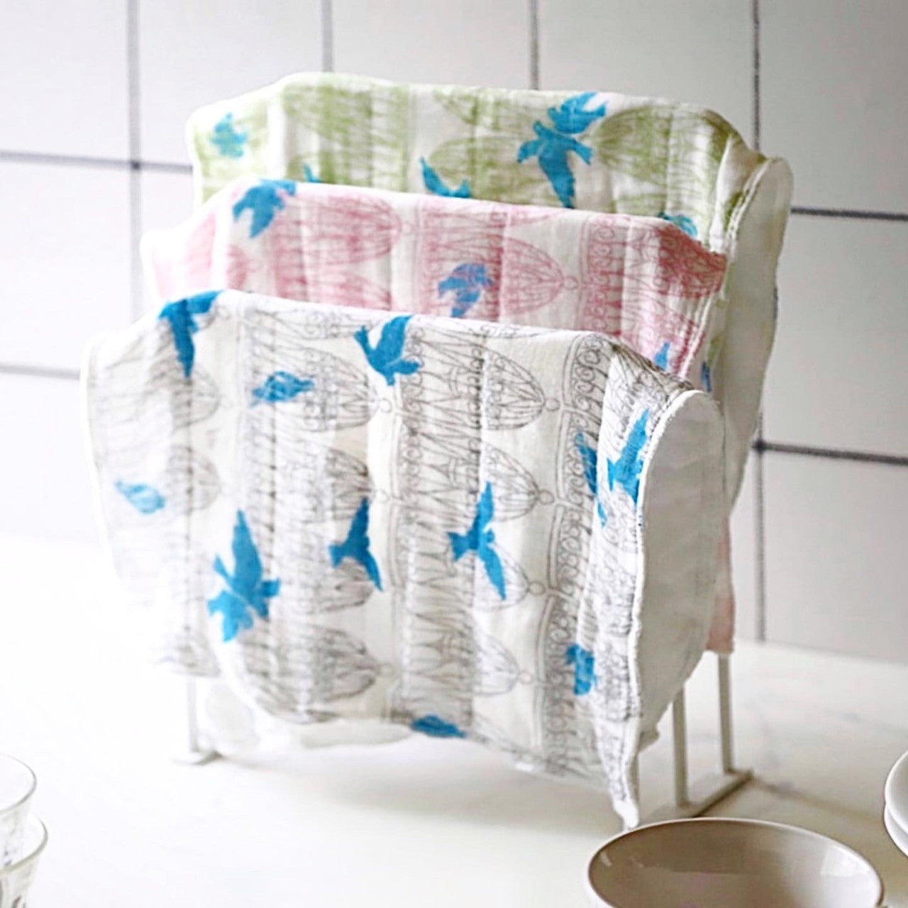 Shirayuki Japanese Fine Mesh Kitchen Cloth - Gray Blue Birds