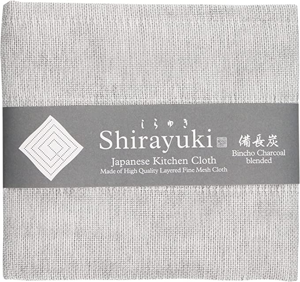 Shirayuki Japanese Kitchen Cloth Bincho Charcoal Blended. Made of Layered Fine Mesh Cloth. Dish Wipe, Table Wipe, Hand Wipe. Made in Japan. Binchotan Charcoal.