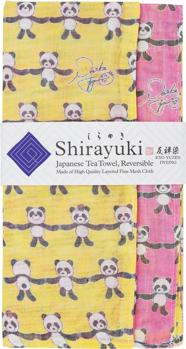 Shirayuki Kyo-Yuzen Reversible Tea Towel - Yellow & Pink, Happy Panda