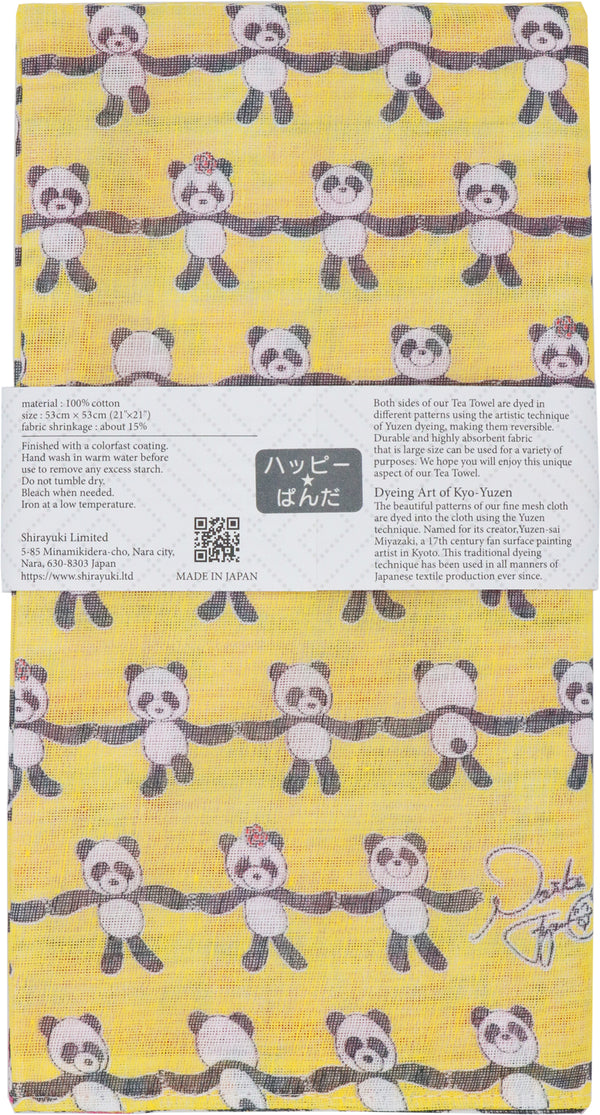 Shirayuki Kyo-Yuzen Reversible Tea Towel - Yellow & Pink, Happy Panda
