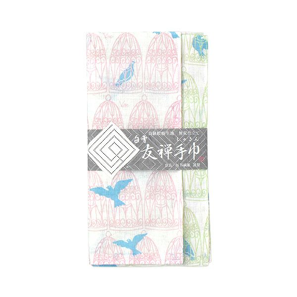 Shirayuki Japanese Tea Towel - Pink & Green Blue Birds