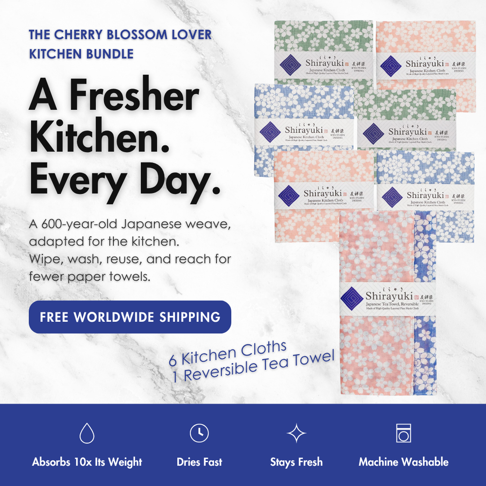 Cherry Blossom Lover Kitchen Bundle: six kitchen cloths and one reversible tea towel in pink, blue, and green cherry blossom designs