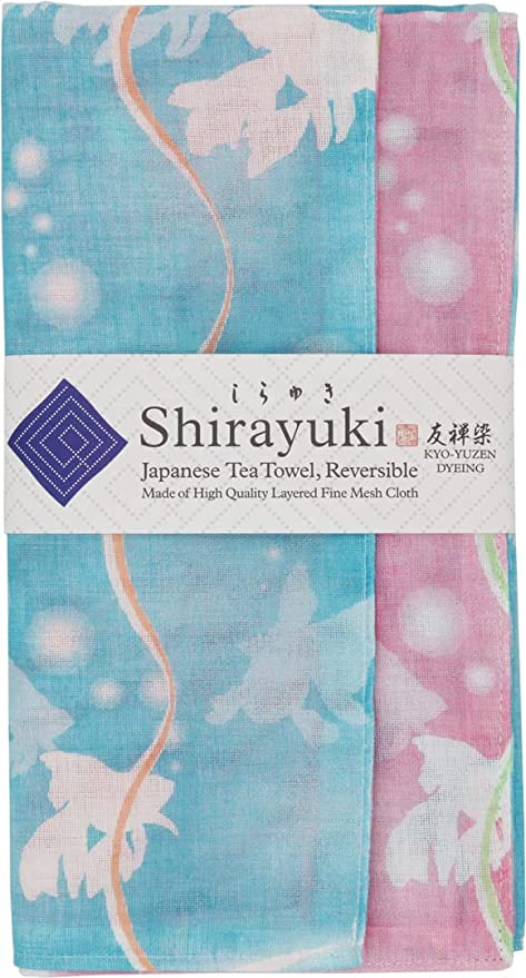 Shirayuki Japanese Tea Towel - Pink & Soda Blue Goldfish