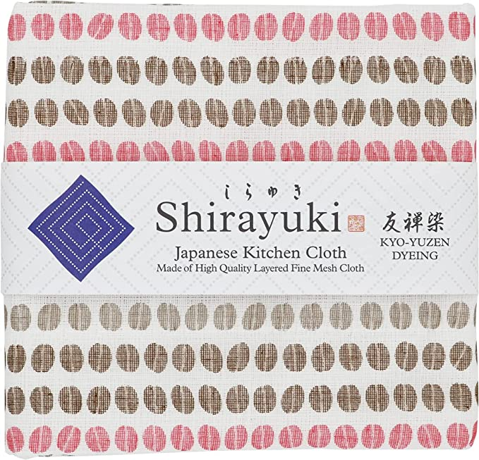 Shirayuki Japanese Kitchen Cloth. Made of Fine Layered Mesh Cloth. Dish Wipe, Table Wipe. Made in Japan (Pink, Coffee Beans)