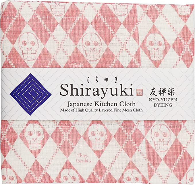 Shirayuki Japanese Kitchen Cloth. Made of Fine Layered Mesh Cloth. Dish Wipe, Table Wipe. Made in Japan (Pink, Happy Skull)