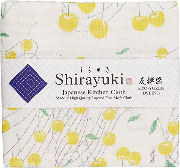Shirayuki Japanese Kitchen Cloth. Made of Fine Layered Mesh Cloth. Dish Wipe, Table Wipe. Made in Japan (Yellow, Melody of Cherry)