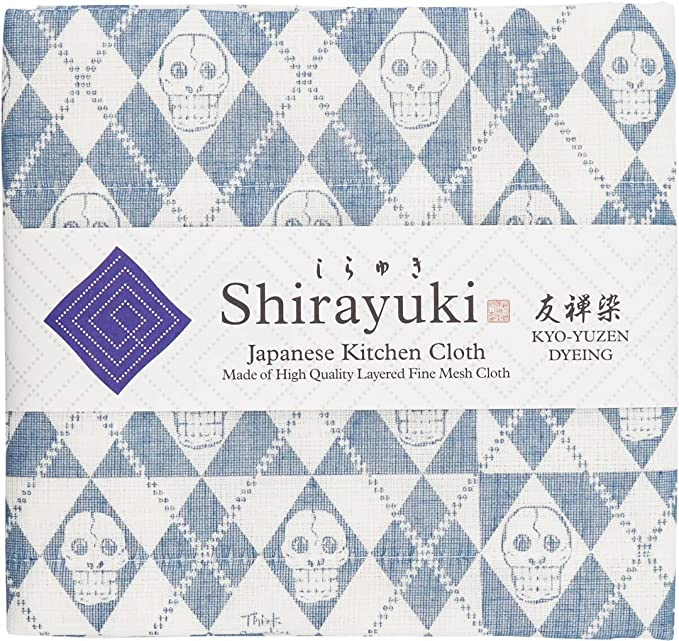 Shirayuki Japanese Kitchen Cloth. Made of Fine Layered Mesh Cloth. Dish Wipe, Table Wipe. Made in Japan (Blue, Happy Skull )