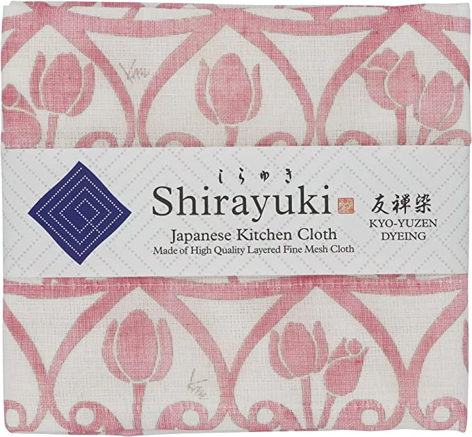 Shirayuki Japanese Kitchen Cloth. Made of Fine Layered Mesh Cloth. Dish Wipe, Table Wipe. Made in Japan (Rouge, Tulips)