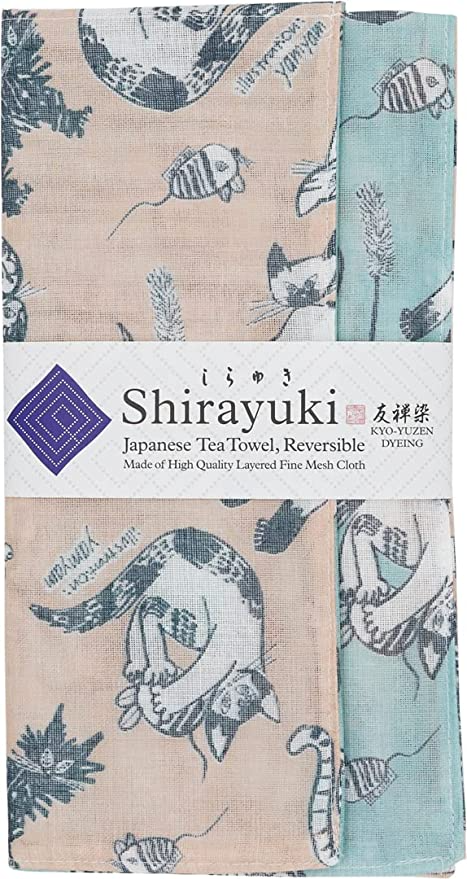 Shirayuki Japanese Tea Towel(Beige & Blue, Meow Meow)