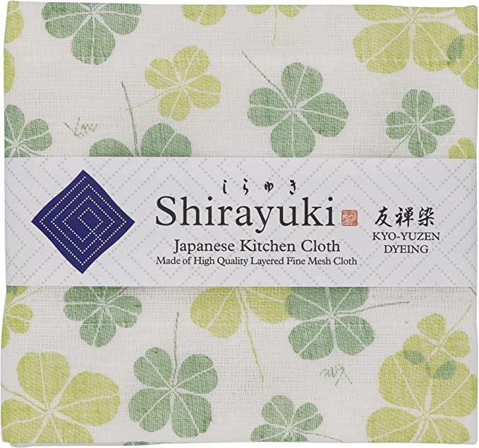 Shirayuki Japanese Kitchen Cloth. Made of Fine Layered Mesh Cloth. Dish Wipe, Table Wipe. Made in Japan (Green, Lucky Clover)