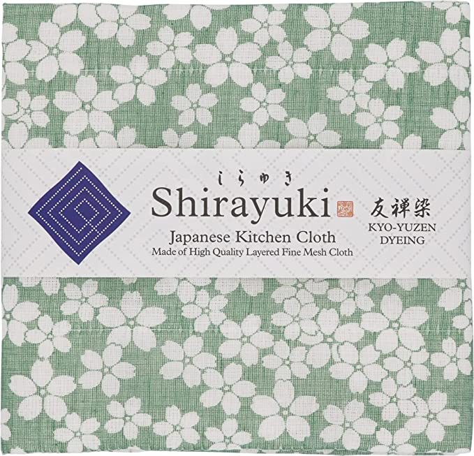 Shirayuki Japanese Kitchen Cloth. Made of Fine Layered Mesh Cloth. Dish Wipe, Table Wipe. Made in Japan (Green, Cherry Blossoms)