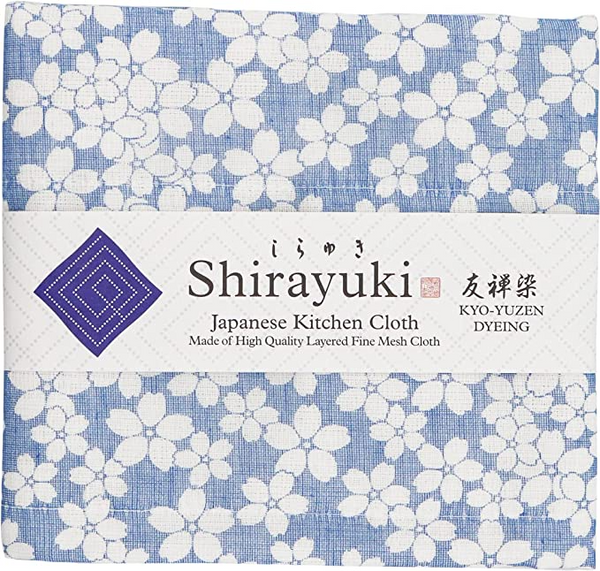 Shirayuki Japanese Kitchen Cloth. Made of Fine Layered Mesh Cloth. Dish Wipe, Table Wipe. Made in Japan (Blue, Cherry Blossoms)