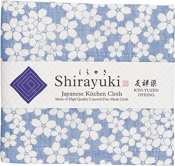 Shirayuki Japanese Kitchen Cloth. Made of Fine Layered Mesh Cloth. Dish Wipe, Table Wipe. Made in Japan (Blue, Cherry Blossoms)