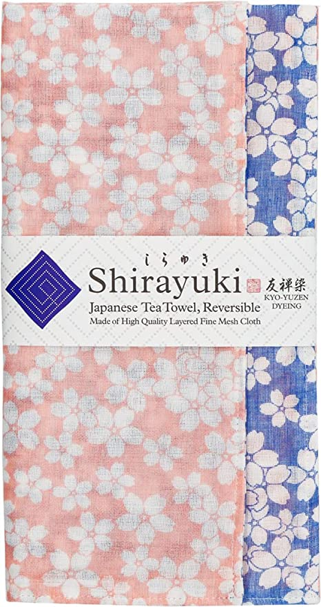 Shirayuki Japanese Tea Towel - Pink & Blue Cherry Blossom