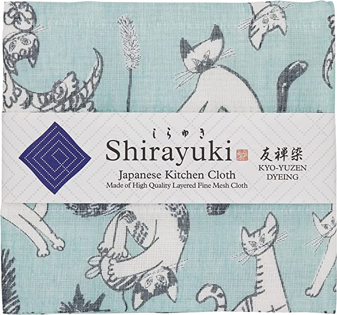 Shirayuki Japanese Kitchen Cloth. Made of Fine Layered Mesh Cloth. Dish Wipe, Table Wipe. Made in Japan (Blue, Meow Meow)