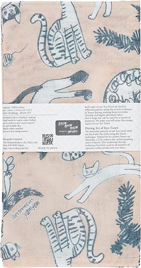 Shirayuki Japanese Tea Towel - Beige & Blue Meow Meow