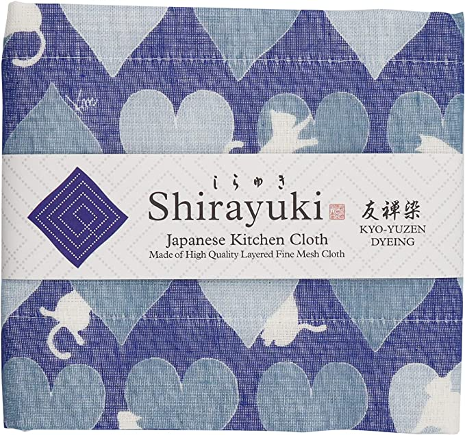 Shirayuki Japanese Kitchen Cloth. Made of Fine Layered Mesh Cloth. Dish Wipe, Table Wipe. Made in Japan (Blueberry, Cat)